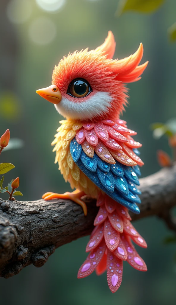 Forbes Diamond「Cute little bird on a tree」teeth、The protagonist is portrayed naturally and realistically.。, Highly detailed and photorealistic, Render the background, Photorealistic concept art, Hyperreal Rendering, Red realistic 3D rendering, Bird Society, Photorealistic images, Highly detailed and photorealistic, Ultra-realistic detailed rendering, Realistic detailed images, Highly detailed rendering, High quality rendering,((A cute little fictional bird with lots of colorful jewels on its body.))Cute fluorescent little bird,His whole body is covered in colored gems,The tail is also covered with jewels,Wear jewels,The feathers are colorful,Sparkling