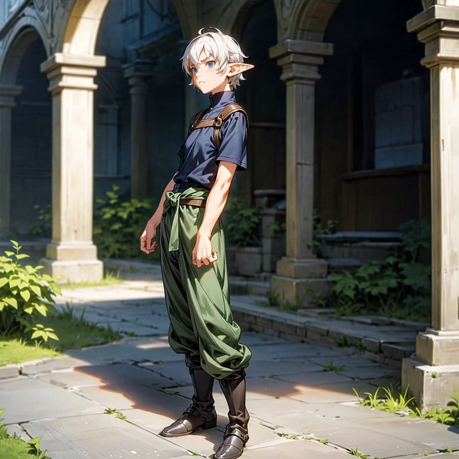 Solo character, full body version, middle aged man, muscle, (elf), blue eyes, white color hair, short Curly hair, black t-shirt , long pants, boots, outdoor, village, medieval, standing gesture, detailed background, detailed clothing, detailed hair, (Makoto shinkai style art), armor 