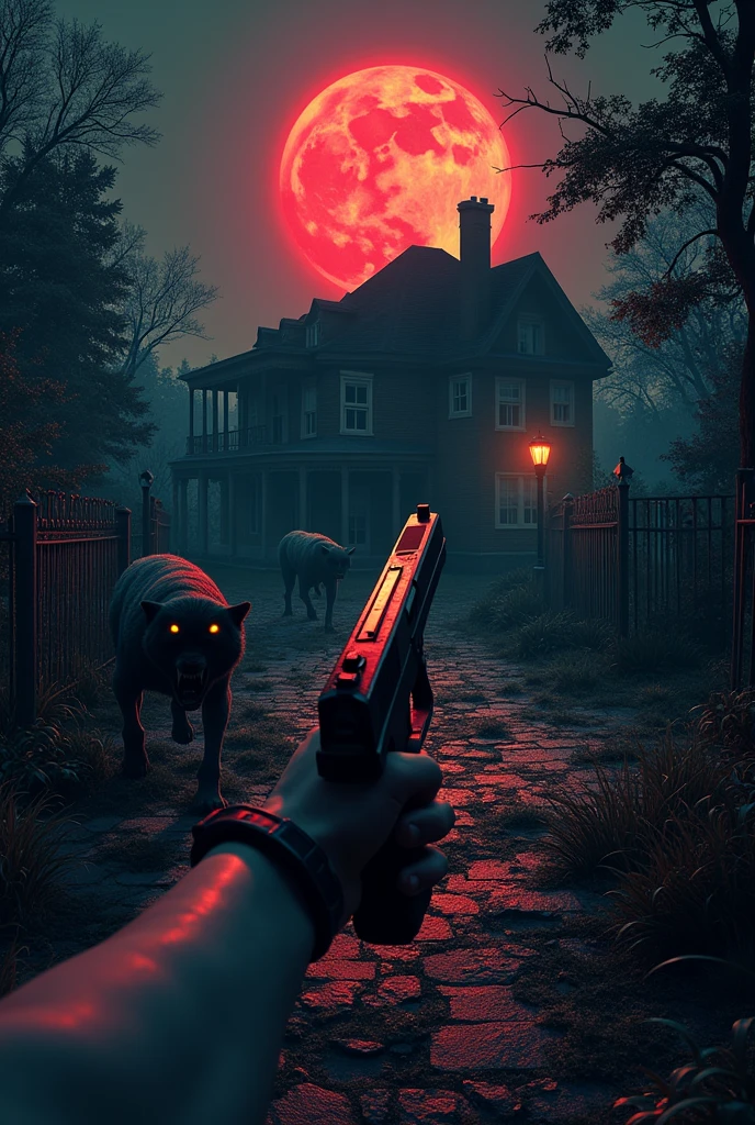 FIRST PERSON POSPECT with an arm holding a pistol, garden of an old residence, at night, a blood-colored moon in the sky, angry zombie wolves spot you