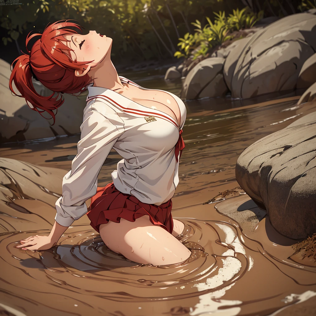 1girl, solo, masterpiece, best quality, high res, highly detailed, (illustration), yuigahama yui, red hair ponytail, glossy lips, light makeup, ( face:1.5), intimate moment, school shirt, cleavacksand:1.4), (from side:1.5), bog, swamp, eyes closed,