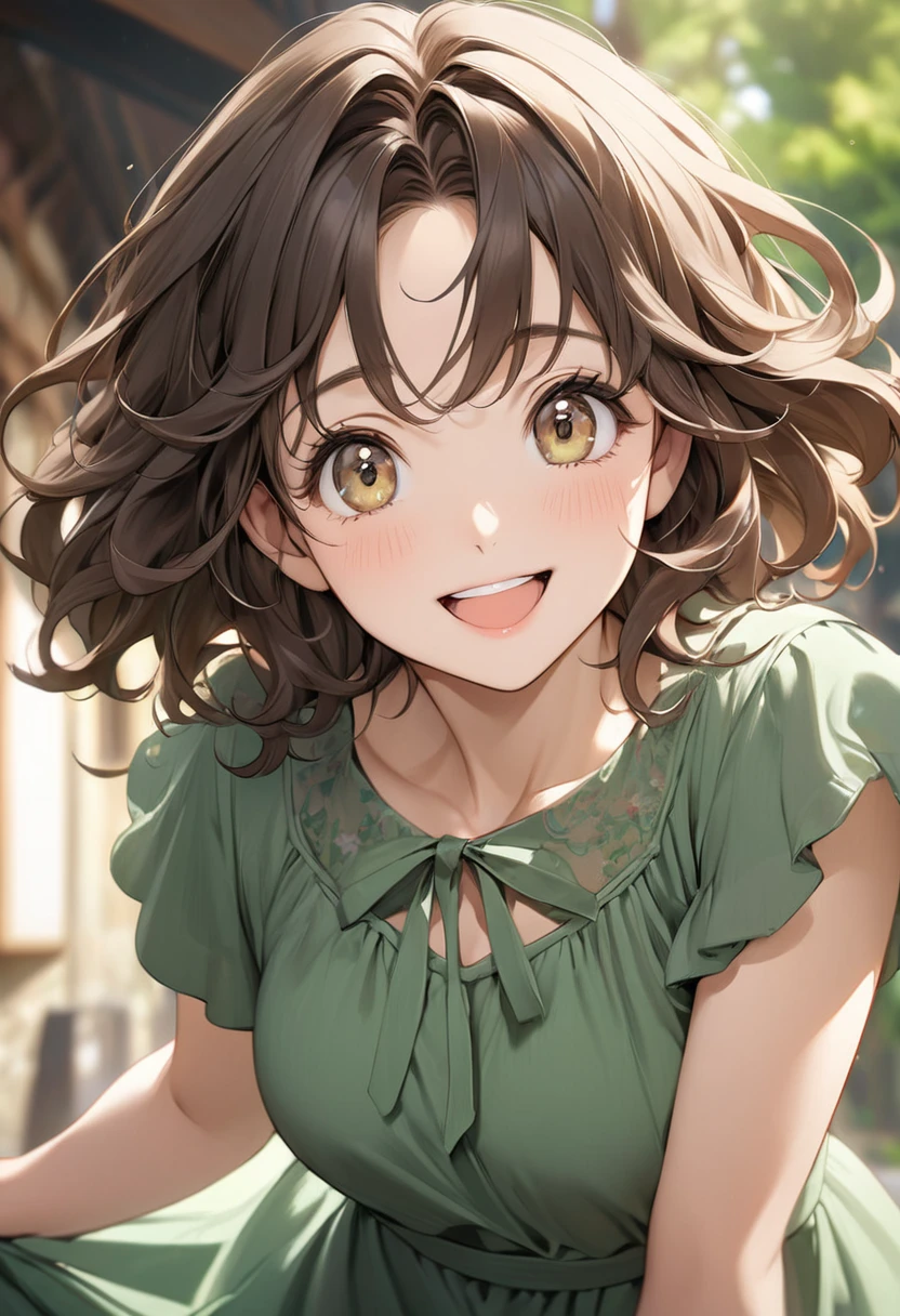 Ghibli studio style of a women aged 20 years, mature looks, dark brown wavy hair, big eyes, joyful expression, light brown eyes, blurred background, wearing green dress, semi realistic, masterpiece