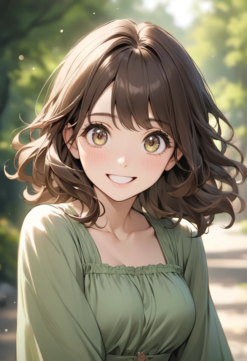 Ghibli studio style of a women aged 20 years, mature looks, dark brown wavy hair, big eyes, joyful expression, light brown eyes, blurred background, wearing green dress, semi realistic, masterpiece 