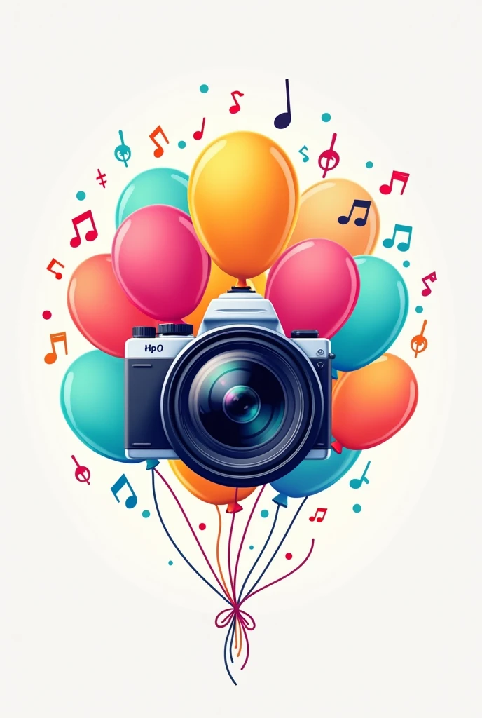 A logo with cameras, balloons and music 