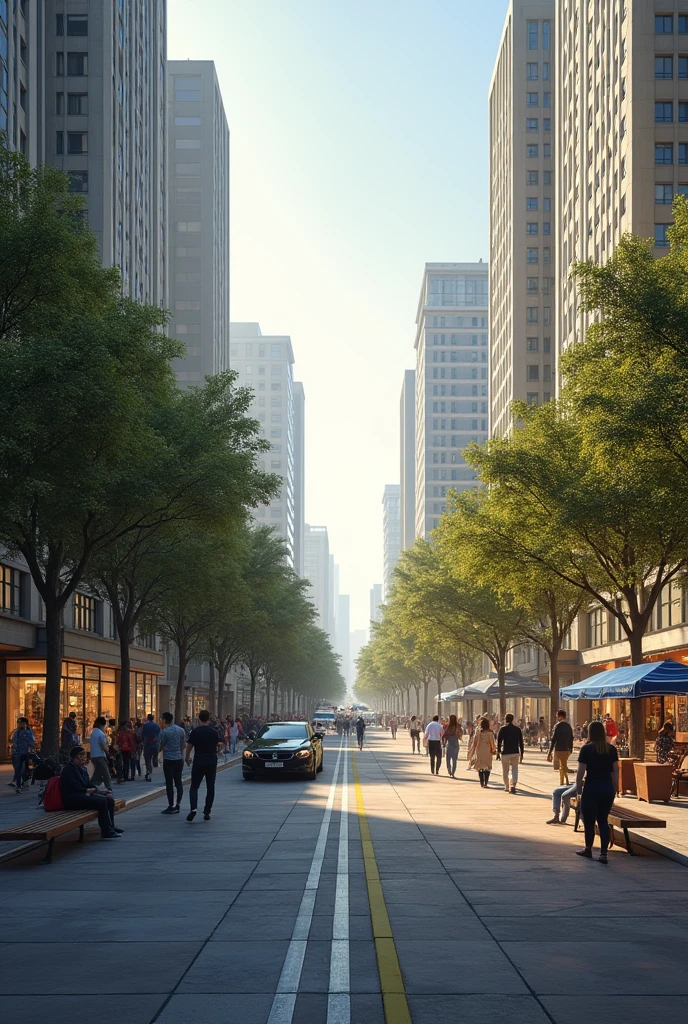 generates a realistic image split in half, where on the left side there is a bad public space prioritizing cars, tall buildings and no people while the right side is a nice public space with people circulating, benches to sit on, craft shops, no cars, cycle paths and 3-story buildings. Both images on each side separated but united by a center and inspired by the city of Santiago de Chile