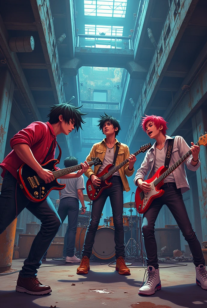 Pop rock members with an asian rapper Animae in dark abandoned building