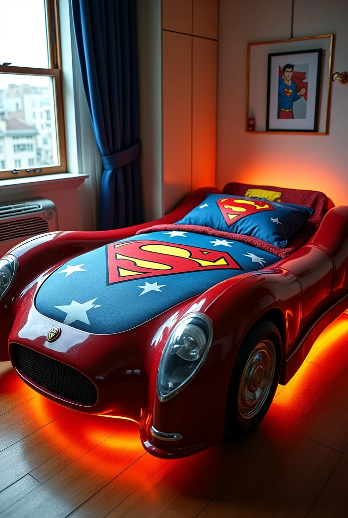 Example of a car-shaped bed whose mattress uses a superman sheet and bedcover. Plus there are lights under the bed and Air Conditioner 