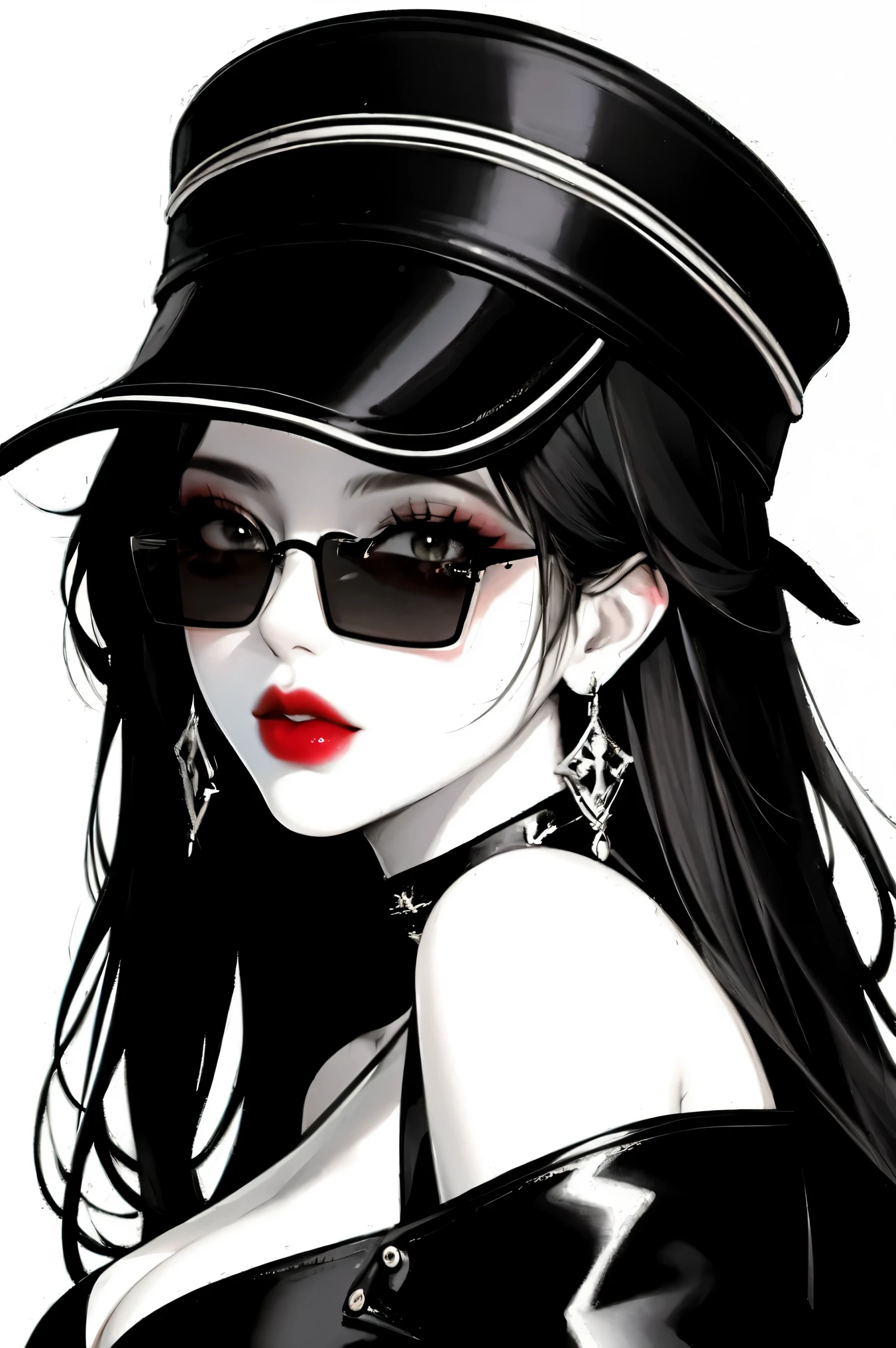 1girl, sunglasses, solo, hat, lipstick, red lips, long hair, dress, plunging neckline, makeup, monochrome, white background, earrings, cleavage, jewelry, upper body, spot color, hair over shoulder,dark theme,shiny,shiny skin,milf,(mature female:1.2), 