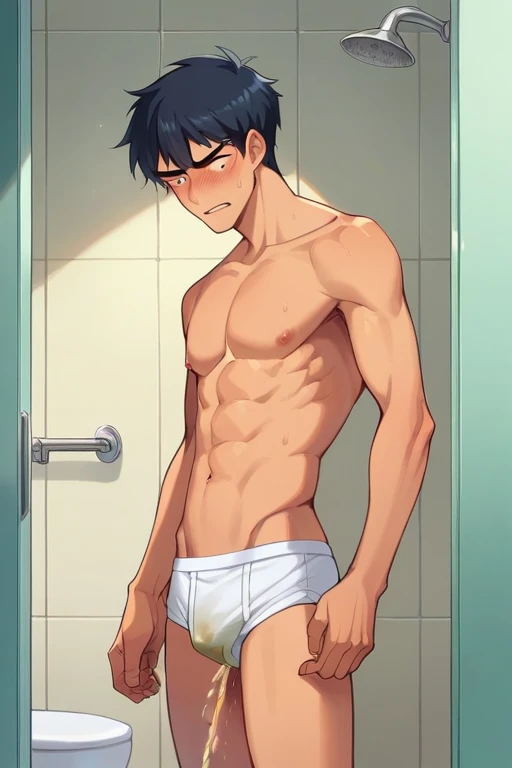 In the morning bathroom, a 20 years old slender and mascular man in his tighty whities is pissing himself. He is weaing tighty whities. He is ashamed of peeing himself. A pee wet spot on his briefs. Anime