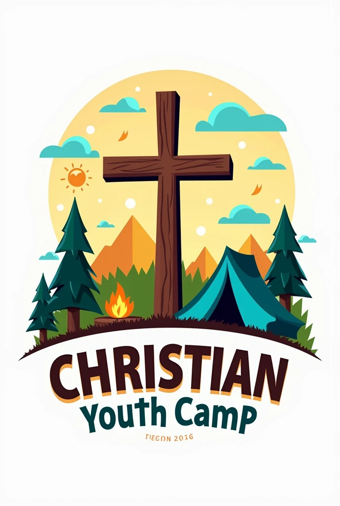 Logo for a Christian youth camp, that it is colorful and dynamic, that have details like the church and camps