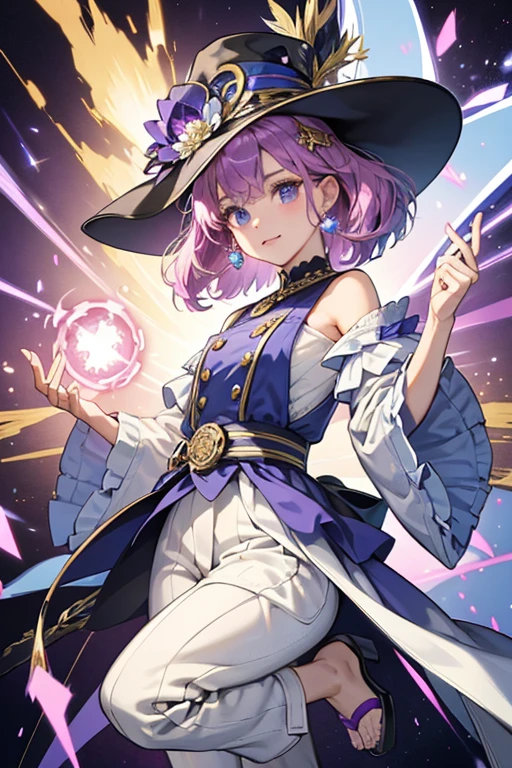 Dori's pink hair has a small hairpin and is messy, with several tufts that stick out in random directions.
Dori sports a large purple hat, a black cropped top with a large blue gem and detached white sleeves, a pair of baggy purple pants with white overall straps, and black sandals. All of her clothing has gold details, trinkets, or other ornaments, such as gems. Her hat has a large golden ornament with a gray stone that resembles a flower on the front along with a white and purple bow. Her Electro Vision is attached to a large tassel dangling from her hat. She also wears a number of golden rings on her fingers and pink nail polish.
Glowing Ornaments
While wearing I Love Mora, when Dori's Elemental Burst is ready, the gray stone on the front of her hat will glow along with her Vision. It will also glow if Dori is connected to the Jinni summoned by her Elemental Burst. SPARKLE; GLITTER