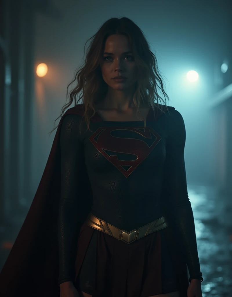 Kristin Kreuk as Supergirl,1girl,dark mode,post-apocalyptic,fog,dark environment,rare illumination,moody lighting,cinematic,dramatic,heroic pose,intense expression,chiaroscuro,volumetric lighting,deep shadows,glowing eyes,tattered costume,dystopian,gritty,photorealistic,intricate details,high quality,8k,cinematic lighting