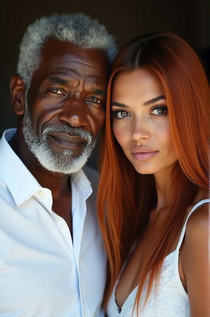 elderly man, africana, black skin color, dressed in white with a woman next to her with dark skin and straight copper-colored hair, dark shaped eyes, chin hole, thin mouth