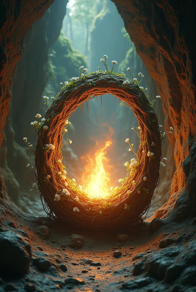 A cave of fire, por dentro, um berço de raizes e flores e uma luz branca divina saindo de por dentro do berço