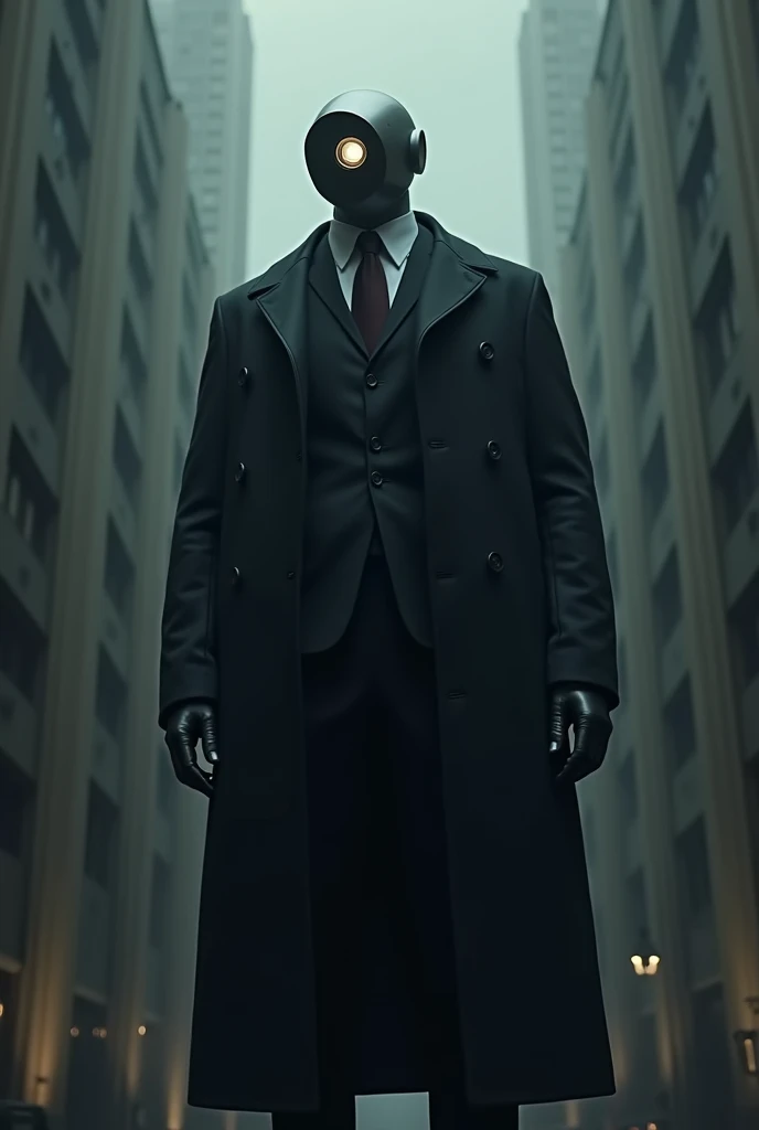 Gigantic Humanoid being with a Black public CCTV surveilence Câmera in the place of the head wearing a fancy suit and dark overcoat