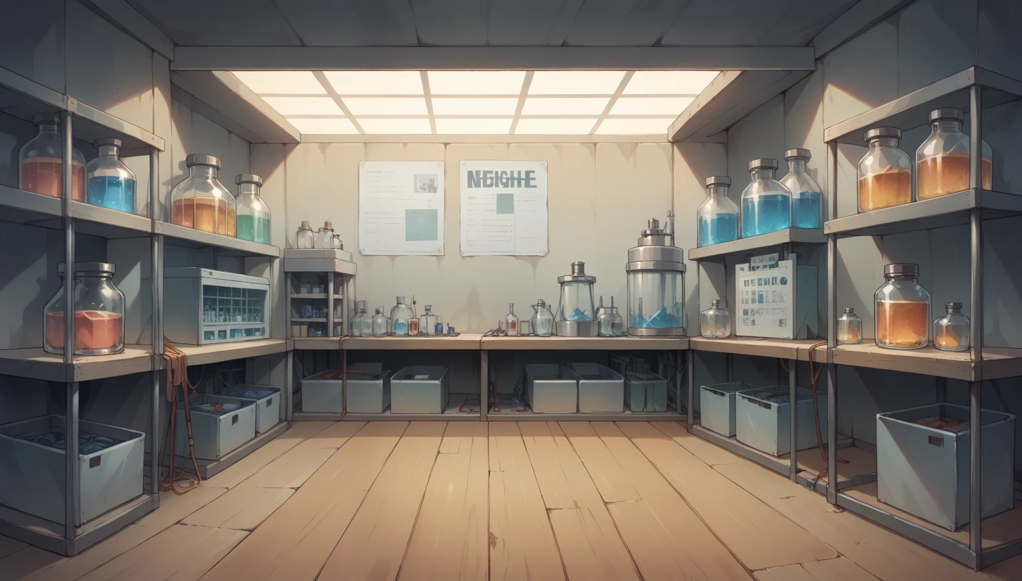 "A high school science lab with lab benches and stools arranged in rows. The room is equipped with various scientific instruments like microscopes, beakers, and test tubes, all neatly placed on the benches. Shelves along the walls hold jars of chemicals and scientific models. The atmosphere is serious and focused, with a faint smell of chemicals lingering in the air. Safety posters and diagrams of the human body are displayed on the walls."