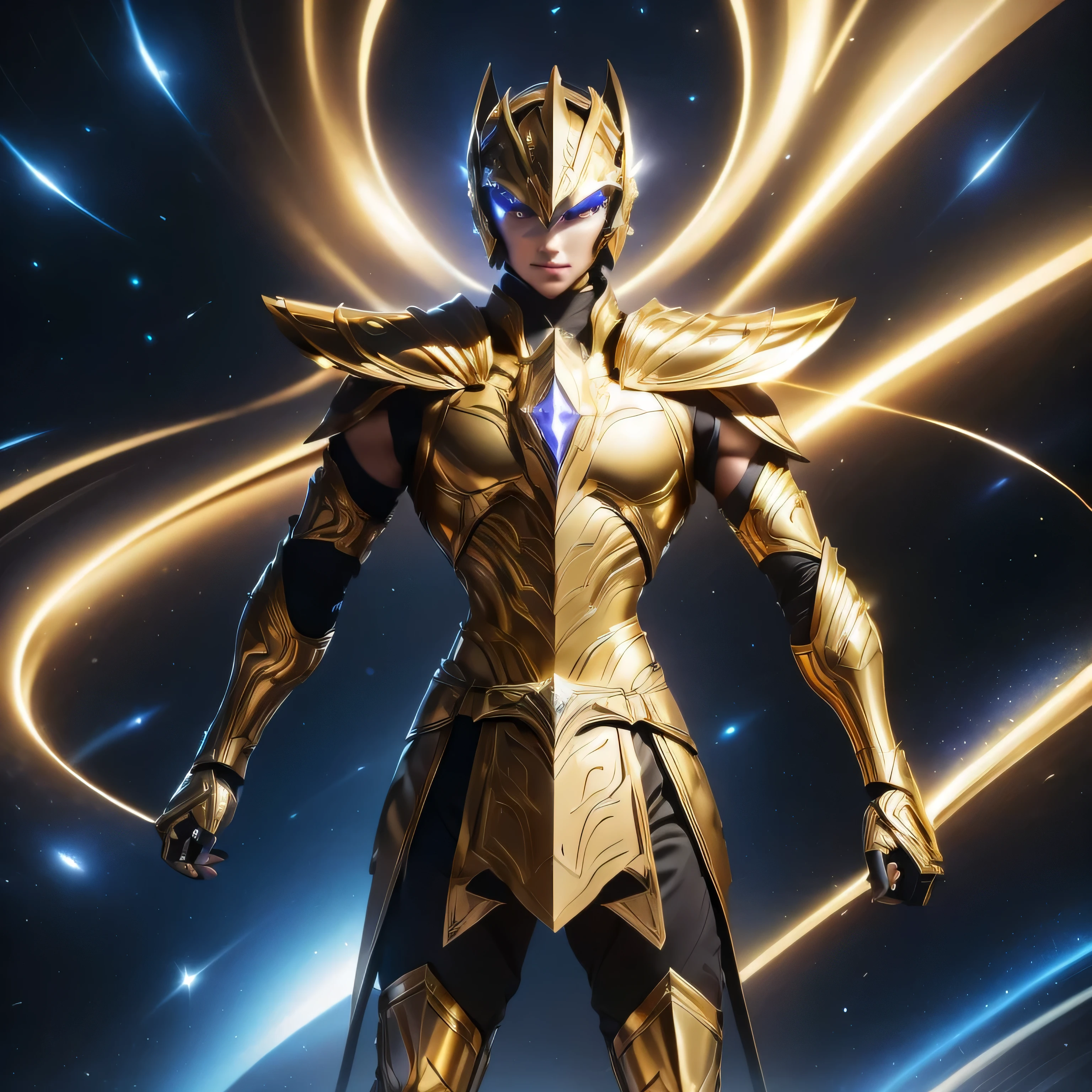 It's a man. The image presents a highly detailed and futuristic armor designed for a male warrior. The armor combines elements from different parts to create a cohesive and powerful look. Helmet: The helmet features a sleek, aerodynamic design with a golden metallic finish. It has a central crest that rises upwards, and the visor glows with a bright blue light, giving it a high-tech, futuristic appearance. Pauldrons (Shoulder Pads): The shoulder pads are designed to be close to the chest, with angular lines extending smoothly toward the shoulders. They have a polished golden finish and curve elegantly upward, creating a harmonious transition between the chest and shoulders, while providing a majestic and protective look. Chest Plate: The chest plate is intricately segmented, with a combination of gold and dark metallic blue. It has a gem-like crystal in the center that emits a soft, mystical glow. The design of the chest plate is both protective and regal, with sharp, angular lines that add to the overall futuristic aesthetic. Arm Guards: The arm guards are sleek and streamlined, with articulated golden and purple segments that offer flexibility and protection. The design of the gauntlets is both robust and elegant, incorporating futuristic elements that blend with the classic style. Leg Armor: The legs are armored with segmented plates that are primarily gold and purple. The boots are angular and sturdy, with a design that conveys both strength and agility. The overall look of the leg armor is grounded yet sleek, completing the ensemble with a powerful stance. The background of the image is a dark cosmic scene, filled with distant stars and nebulae that highlight the polished surfaces of the armor. Dynamic lighting is used to emphasize the key features, particularly the glowing visor and central chest gem, reinforcing the mystical and imposing nature of the warrior.