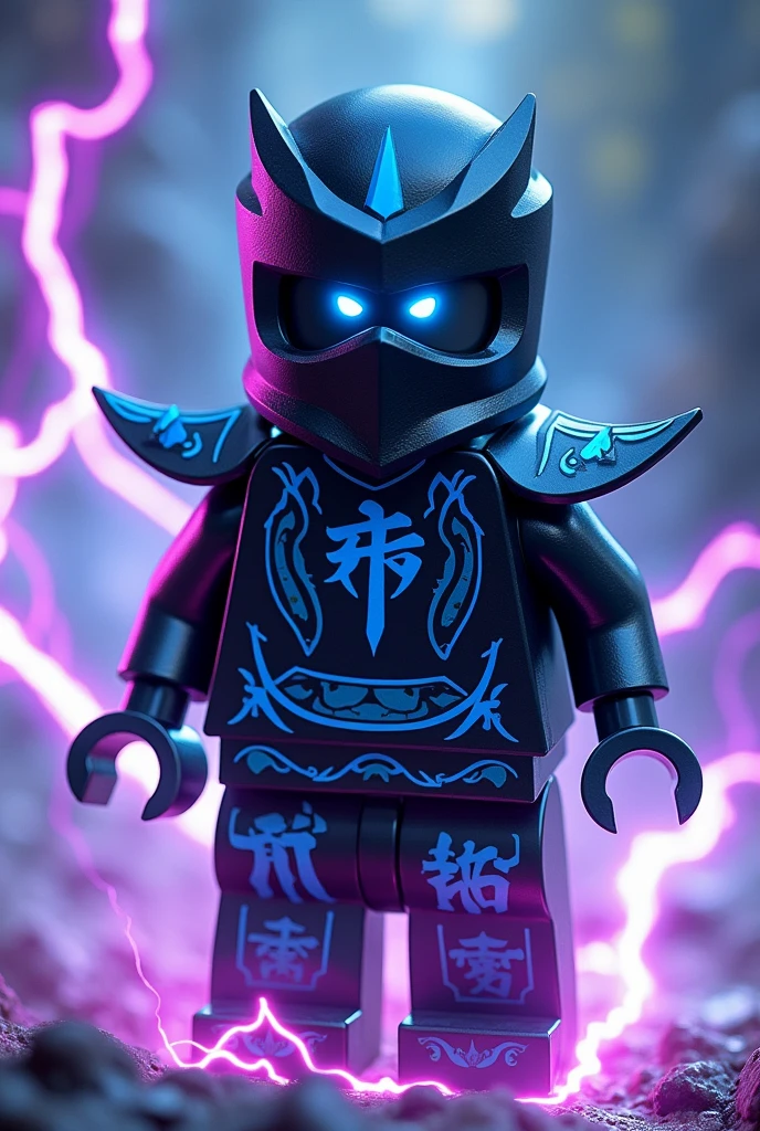 Créer moi un lego ninja go futuriste dans les air avec un masque de couleur noir et bleu sur la tête avec une puissance incroyable avec comme puissance élémentaire la foudre l’énergie la terre le feu l’eau la glace et la lumière. Les habits du ninja doit être en noir, bleu et violet avec des reure en forme d’électricité et des écritures japonaise sacré avec une peau NOIR et un regard terrible sombre avec des yeux en bleu brillant. Un ninja imbattable monstrueux beaucoup trop puissant qui contrôle tout les pouvoirs élémentaire. Avec fume violet et bleu électrisant