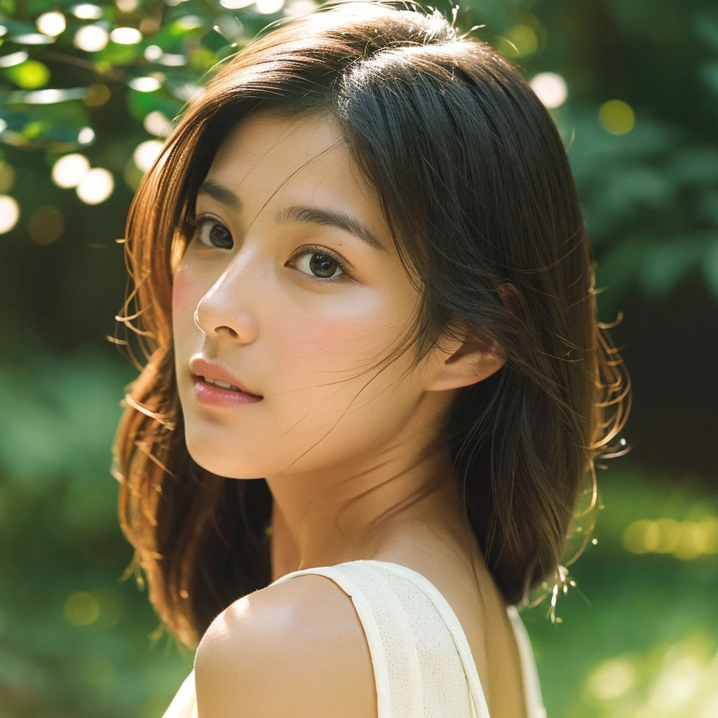 A hyper-realistic close-up image of a single Japanese woman in her early 20s, captured with the nostalgic warmth and subtle graininess of a film camera, focusing on her face and shoulders. Her skin has a warm beige tone with a natural, slightly rough texture that includes visible pores, fine lines, and subtle imperfections such as small blemishes, adding to the authenticity of her appearance. The soft, diffused natural light typical of a sunny summer day casts gentle, warm shadows on her face, enhancing the film-like quality while maintaining the realistic texture of her skin. Her straight, glossy black hair is slightly tousled by a gentle summer breeze, framing her face naturally. She is wearing a light, summery outfit, perhaps with straps visible at the shoulders, that complements her natural beauty and suits the warm weather. The film camera effect introduces a slight grain and a softer focus, giving the image a warm, nostalgic atmosphere while preserving the realism of her skin and features. The overall composition captures the serene and effortless elegance of a summer day, with the focus on the realistic texture of her skin and the timeless quality of the film camera aesthetic.
