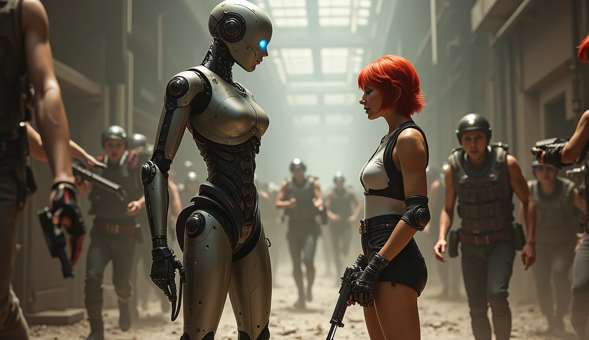 a robot with human features, holding an advanced weapon, while talking to a short, red-haired woman holding a futuristic pistol pointed downwards. They are in a hallway with a lot of dust and people running around with guns in their hands., everyone is wearing steampunk clothes 