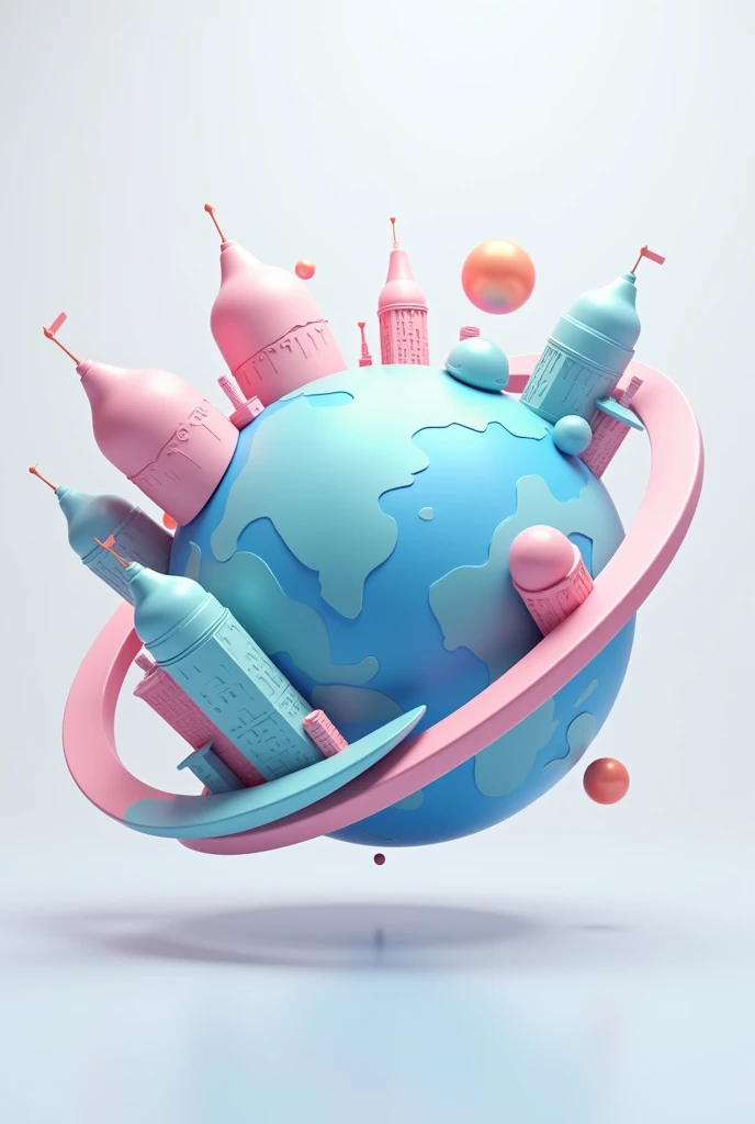 An animated logo of the planet with pastel colored buildings with the letters “society in transformation”