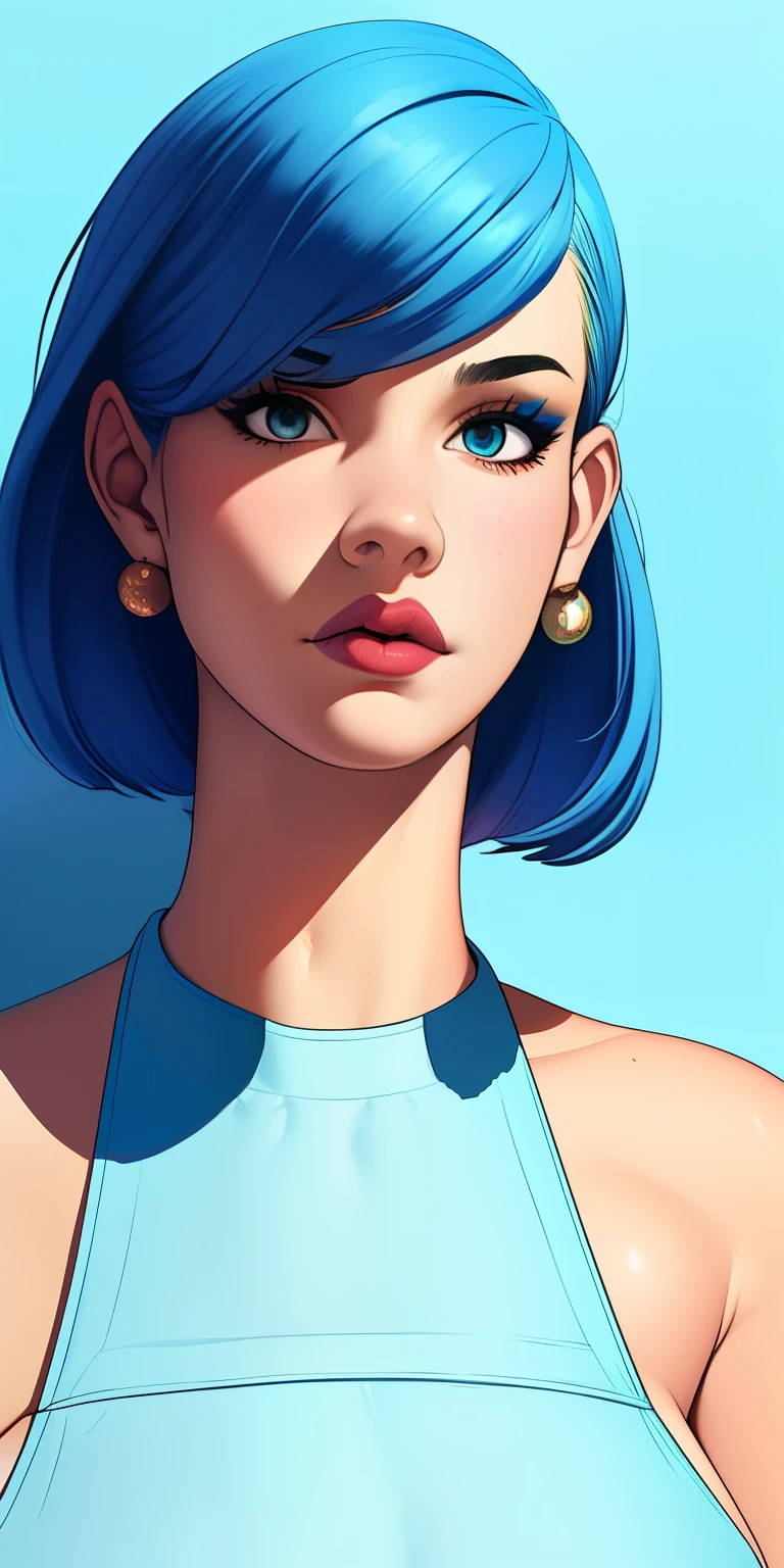 (work of art), (portraite), breasts big (aesthetics), ((1 female 2)), Statement earrings), ((shorth hair)), ((turquoise hair)), slickedback hair, thin eyes open , eyes browns, cute, female, Woman, Female One, comely, female Characteristics, main, high qualiy, roupas aestheticss, professional angle, (rule of thirds), (Female One), (Female One), (Female One), (comely), (female ) Characteristics), standing alone, (attractive korean), summer, (ink mist), (Afternoon), (vibrant light), seductive posture, ((face looking forward))), simple long sleeve hip hop blouse short pleated skirt ((energy)), (bold makeup), (big boobies), light skin tone, (Clothes with Hip Hop details), (top cut), ( Halter neckline), beautiful hands , comely body, comely ears, normal ears, comely eyes, glare eyes, comely mouth, comely lips,