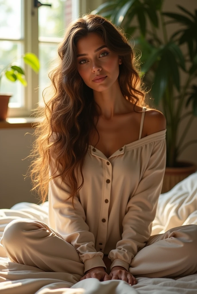 (photorealism:1.2), beautiful woman, sitting on bed, wearing loose off-shoulder top, pajama pants, long curly hair, indoors, soft lighting, plants in background, window with sunlight, cozy room, relaxed pose, realistic, intricate details, warm colors, by Greg Rutkowski, by Alphonse Mucha