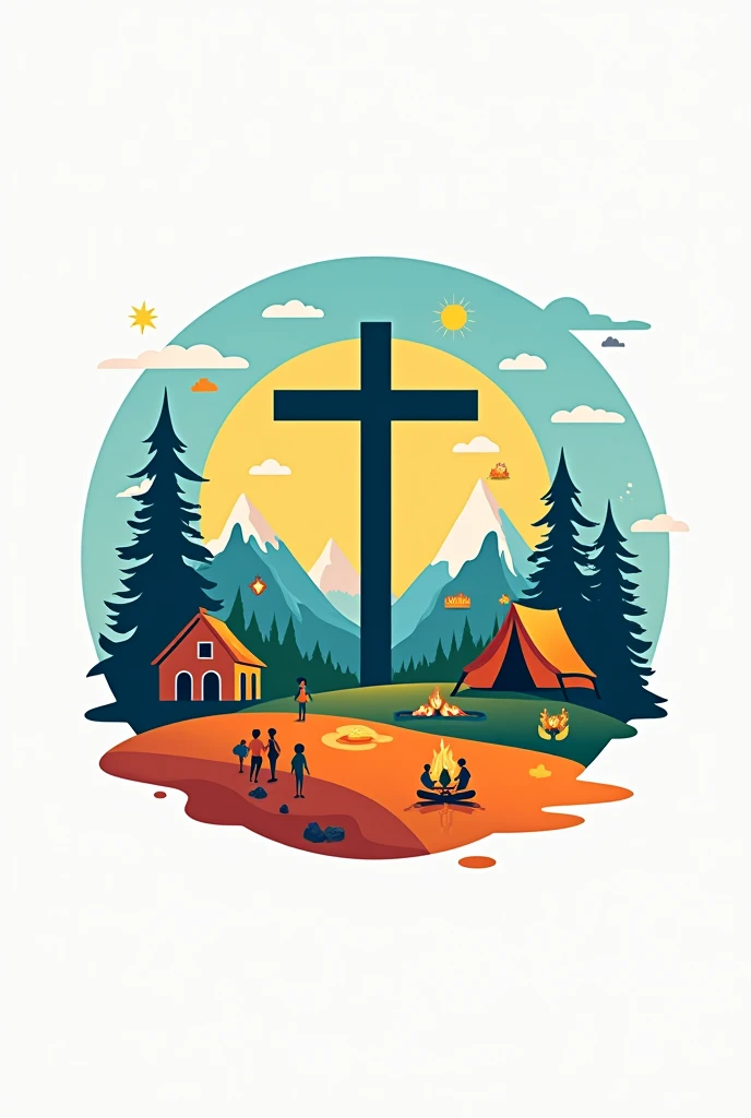 Logo for a Christian youth camp, that it is colorful and dynamic, that have details like the church and camps