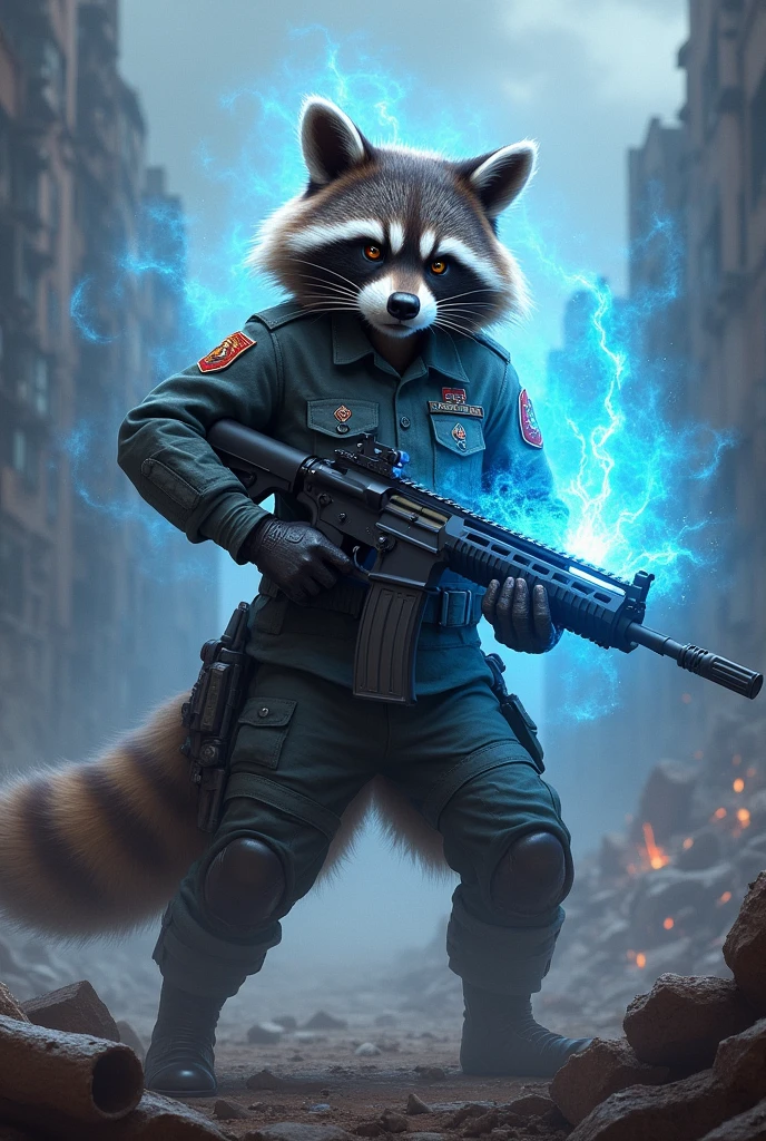 A female raccoon dressed in a military uniform in a war environment holding a powerful weapon while exuding a blue-colored aura of power