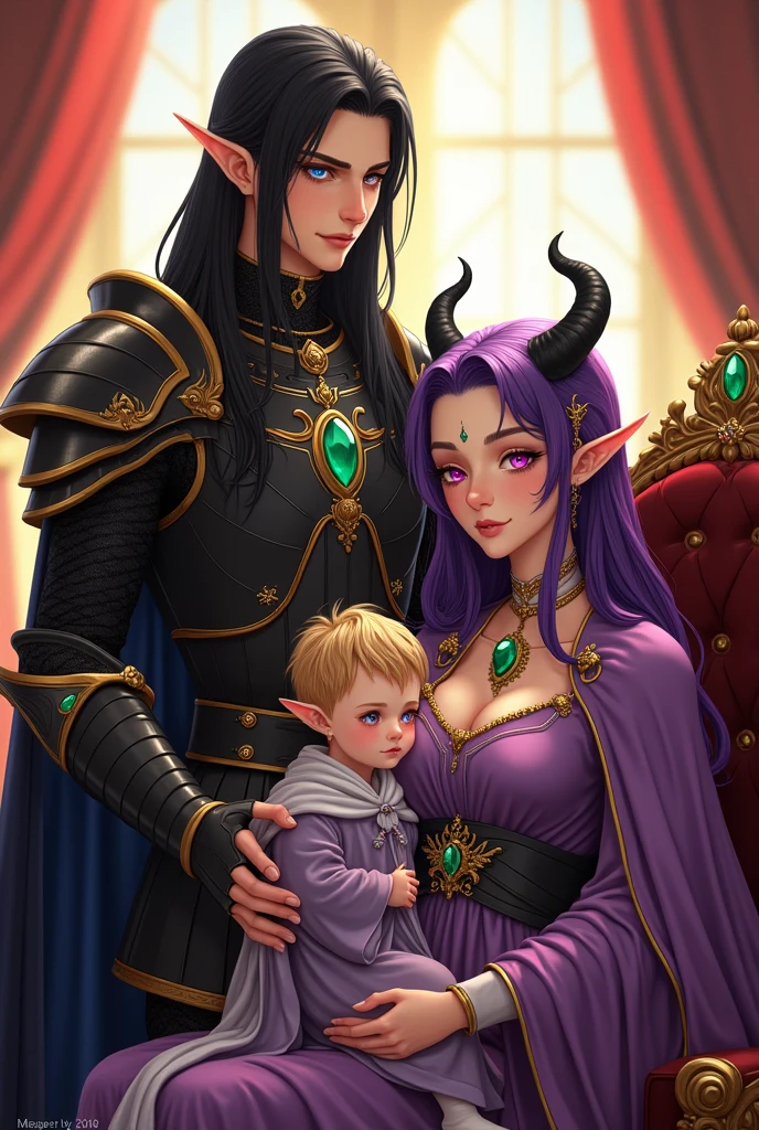 MALE HUMAN with human ears, long straight black hair, wearing armor full of jewels shaped like dragon eyes (emeralds) and a crown with emeralds, RAF blue eyes, with a serious look, looking at the camera, standing next to his wife, woman with purple hair, with black horns and elf ears, fuchsia pink eyes (green queen clothes with white medieval style and shiny crown), elegant pose, looking at camera, sitting on elegant chair, holding one year old MALE HUMAN baby, purple hair, RAF blue eyes, prince dress, hugging his mother, detailed, daytime, sun rays, ultra detailed photography, 4k quality lighting, high resolution , masterpiece, anime style.