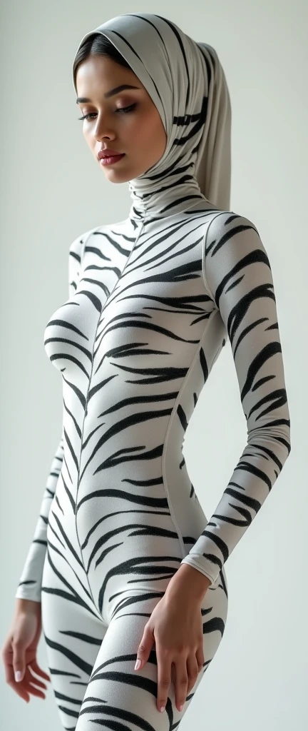 the beautiful,slender thin and prettiest Asian and Malaysian muslimah adult girl with beautiful cheeks wears white tiger print lycra turtleneck unitard catsuit covered with seamless stripes and always wear white tiger print lycra elastane stretchy dance wear hijab covered with seamless stripes.She has beautiful lips