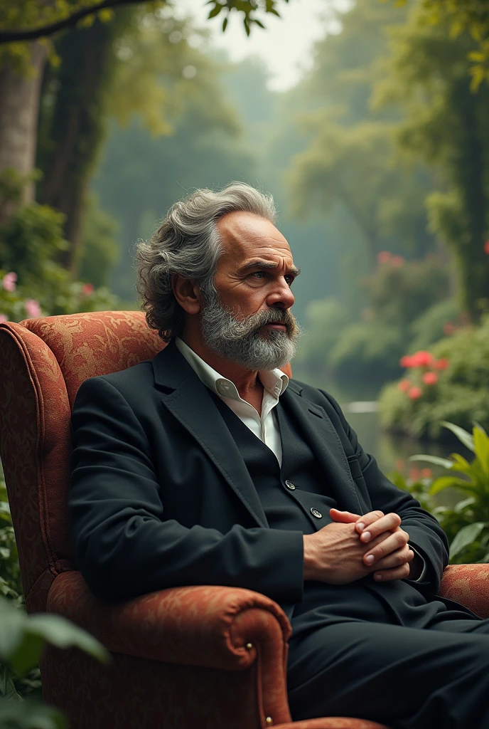 Friedrich Nietzsche middle aged in a lounge chair with a garden scene behind him