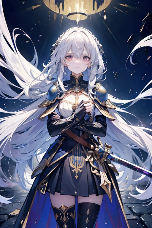 (masterpiece:1.5), Best Quality, very aesthetic, absurdities, 1 girl, Hero, male, 1, long messy hair, silver hair, Serious and angry expression, sweaty forehead, armor, chest plate, shoulder pads, gauntlets, kneepads, blue cape, holding the sword, leaning forward, swinging sword, 1 girl, Hermosa Heroina, female , long straight hair, flowing in the wind, silver hair, bright Eyes, silver dress with black, golden gemstones, blue cape, holding a silver sword, interior of a village house, broken walls, floor, Old furniture, luz outfit, Illuminated by magic and the reflection of the sword., pillars of fall, Scattered debris, sharp focus on subjects, vivid colors, animated style, Strain, excitement,