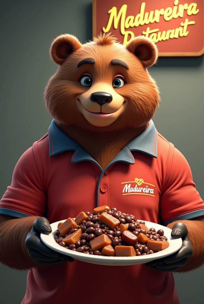 Adult bear, friendly and smiling face,stark , muscular and toned, anime 3 d, Wearing a polo shirt, written MADUREIRA RESTAURANT, serving a plate of feijoada with black beans and lots of pork