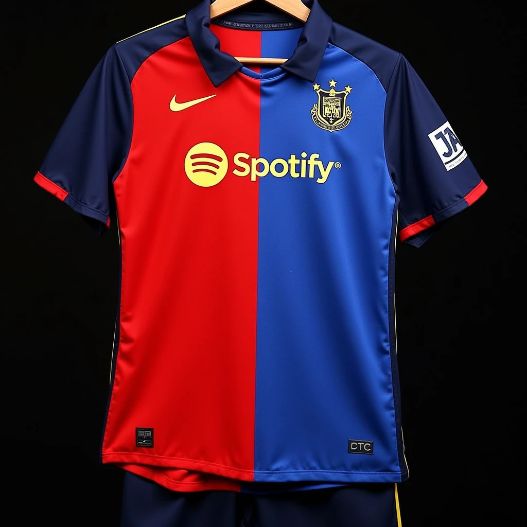 Create a more elegant kit and have the shield and brand in the center and the sponsor be Spotify and the pants be black or white or half red and half blue with gold touches