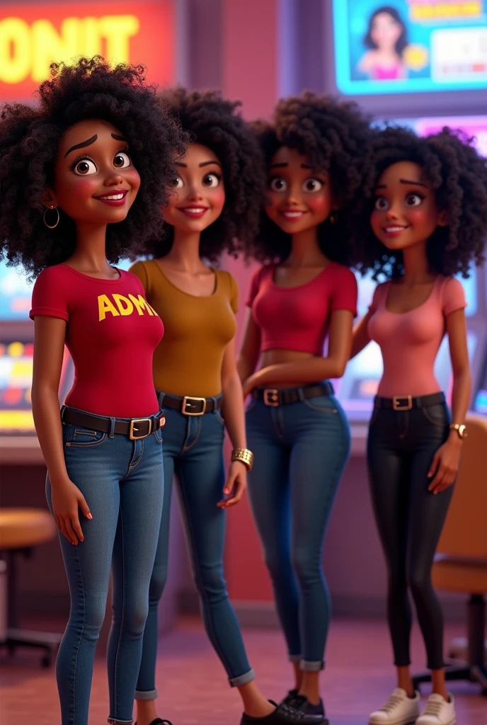 3D Pixar style, 4 woman, curtain, Brown eyes, thin reddish mouth Very curly dark coffee colored hair, medium size without fringe.
Woman with wide  and thick legs in a red t-shirt with ADM written on it, jeans, black belt, black sneakers.
Gold ring on the left finger, watch on the wrist, wide and round face In a casino game room environment with computers HAPPY