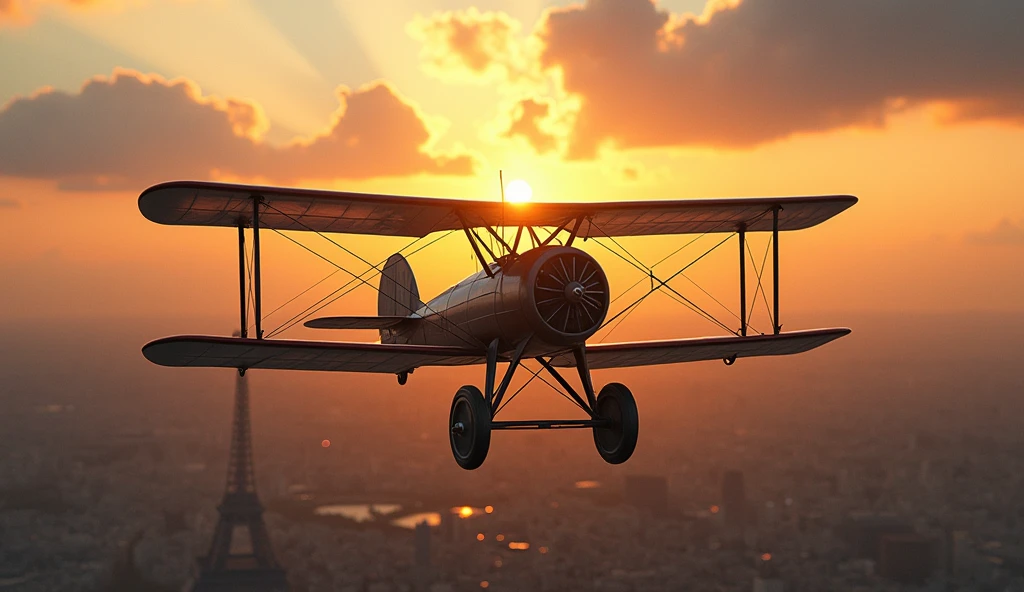 a highly detailed painting of an Airco DH.9A biplane aircraft flying over Paris in 1916, realistic, photorealistic, masterpiece, 8k, cinematic lighting, dramatic sky, beautiful architecture, historic, intricate details, golden hour, warm tones, hyper realistic, volumetric lighting, depth of field, mechanical precision, fine details, dynamic composition