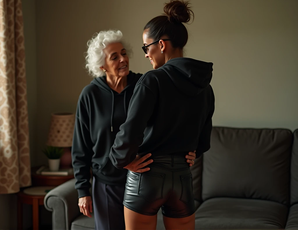 black woman hair in a bun black hoodie black leather short shorts being fucked in the ass by a old grandma in a dress