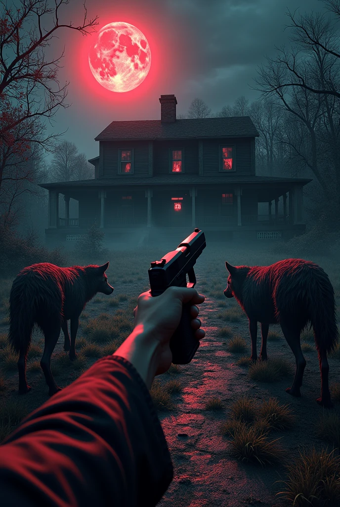 FIRST PERSON POSPECT with an arm holding a pistol, garden of an old residence, at night, a blood-colored moon in the sky, zombie wolves with plagues coming out of their backs spot you