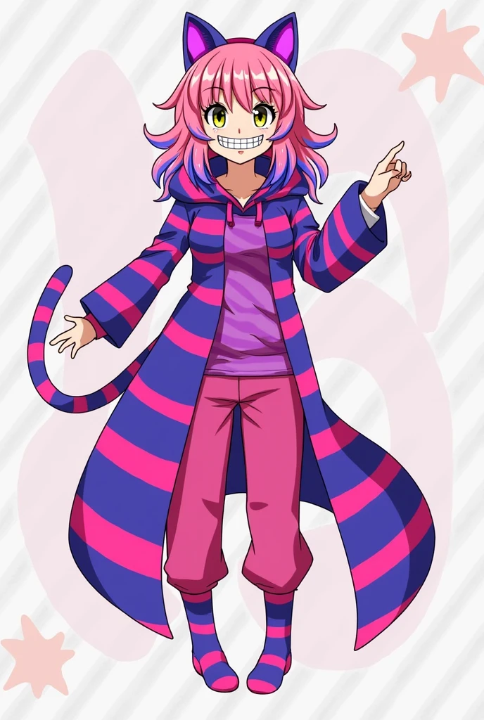 Name: Emi Manaka
Age: 16
Height: 5" 6
Quirk: Chesire cat, Everytime she grins, she has the ability to shift and manipulate reality. This gives her the power to after aspects of her surroundings or create illusions to trick her enemies
Hero name: Purrplexia
hero costume: purple and pink striped long shirt with a matching hood with holes to fit my ears, matching pants, with matching socks no shoes
Appearance: long pink hair with purple highlights and on the tips, yellow eyes with black pupils, and a canine tooth. pink and purple striped cat ears, and a pink and purple striped cat tail.
Personality: a trickster