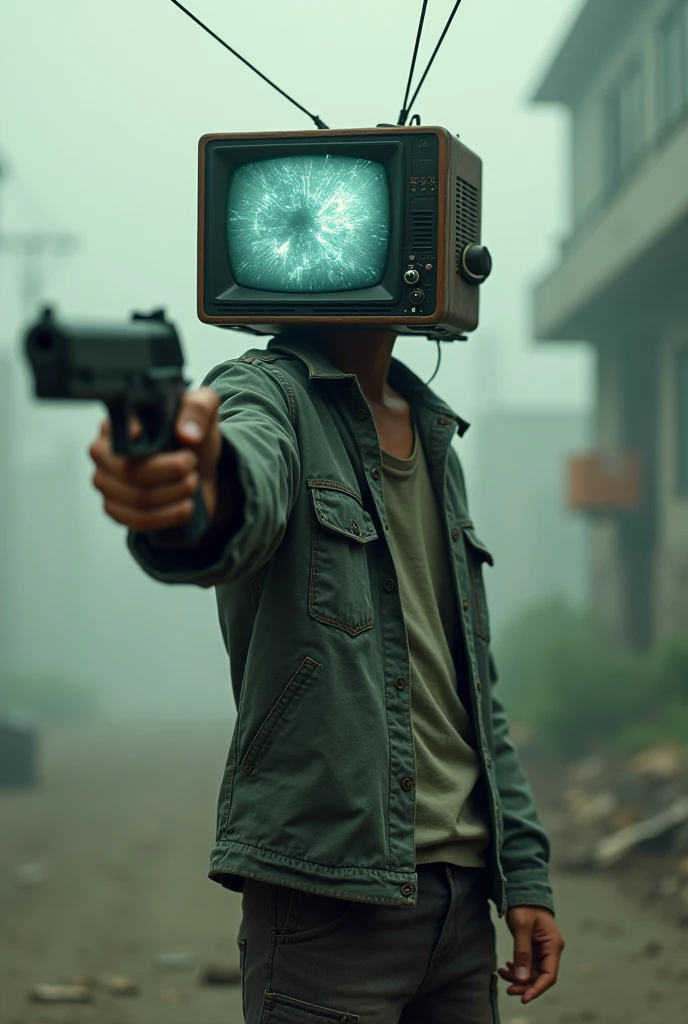 TV-headed teenager with a gun looking sideways