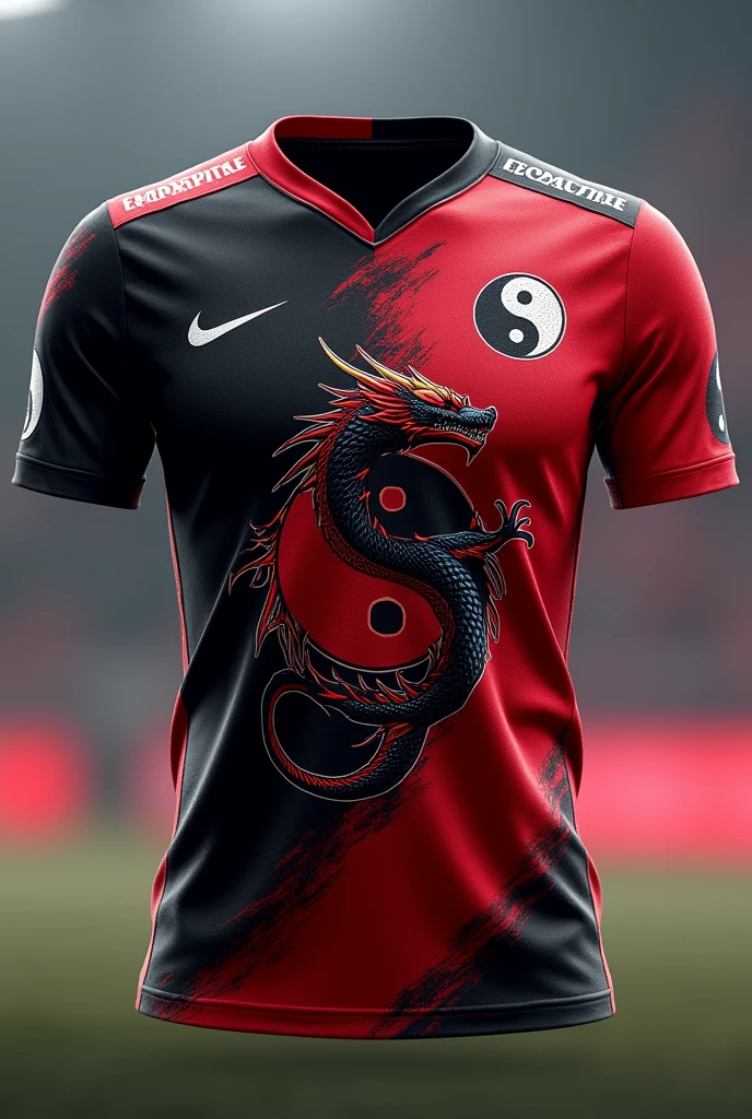 Create an image of an interclass jersey Team name Torra-Torra FC Color black and red With a dragon And the Ying Yang symbol