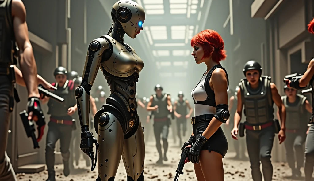 a robot with human features, holding an advanced weapon, while talking to a short, red-haired woman holding a futuristic pistol pointed downwards. They are in a hallway with a lot of dust and people running around with guns in their hands., everyone is wearing steampunk clothes 