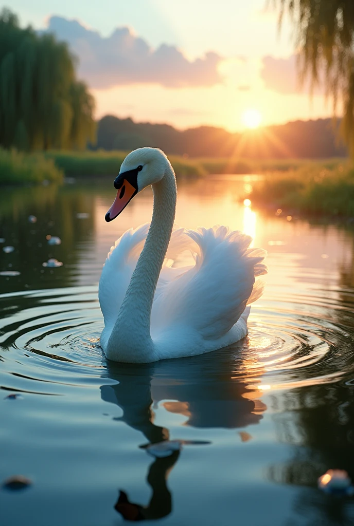 A majestic swan gliding effortlessly across the serene surface of an afternoon lake. The sun, positioned slightly to the right of the frame, casts a warm golden glow that reflects off the water, creating a rippling dance of light around the swan's pristine white feathers. The swan's graceful neck curves elegantly, with its head tilted slightly downward, as if admiring its own reflection. The lake itself is a tranquil tableau of blues and greens, with the shoreline a blend of lush grasses and mature willow trees that sway gently in the soft breeze. In the background, the water meets the horizon, where the sky is painted with the soft pastels of an approaching dusk. The scene is imbued with a sense of peace and tranquility, as the swan seems to be the sole inhabitant of this picturesque world, save for a few small water lilies that dot the lake's surface. The clarity of the water allows for a glimpse of the swan's long, sleek body beneath, which moves with such precision that it barely disturbs the calmness of the lake. The overall composition captures the essence of a perfect summer afternoon, with the beauty of nature on full display and the promise of a peaceful evening to come.