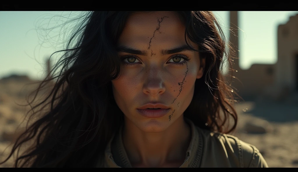 main image: Intense and realistic portrait of Cain's wife, with a deep and direct look at the camera, as if he were telling his personal story. Her expression must convey a mixture of mystery, pain and reflection, capturing the complexity of your experience.
Scenario: A dramatic and evocative backdrop that suggests exile and the challenges faced. It could be a barren desert or a ruined ancient city landscape., reflecting the idea of building and surviving in a new world.
Elementos visuais:
shadow and light: Use striking contrasts of light and shadow to create an atmosphere of tension and depth. The woman's face should be well lit, while the background remains darker, highlighting her figure.
Rupture Effect: Include a subtle cracking or distortion effect in the image to symbolize the curse and secrets surrounding your story.. This adds a visual element that suggests the complexity and challenges faced..