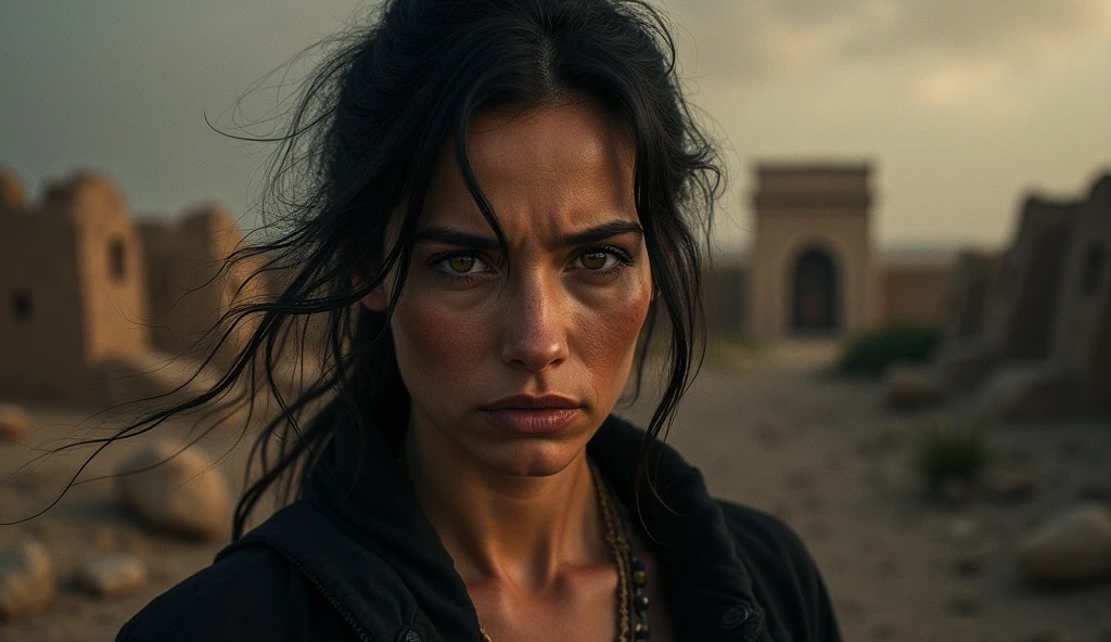 main image: Intense and realistic portrait of Cain's wife, with a deep and direct look at the camera, as if he were telling his personal story. Her expression must convey a mixture of mystery, pain and reflection, capturing the complexity of your experience.
Scenario: A dramatic and evocative backdrop that suggests exile and the challenges faced. It could be a barren desert or a ruined ancient city landscape., reflecting the idea of building and surviving in a new world.
Elementos visuais:
shadow and light: Use striking contrasts of light and shadow to create an atmosphere of tension and depth. The woman's face should be well lit, while the background remains darker, highlighting her figure.
Rupture Effect: Include a subtle cracking or distortion effect in the image to symbolize the curse and secrets surrounding your story.. This adds a visual element that suggests the complexity and challenges faced..