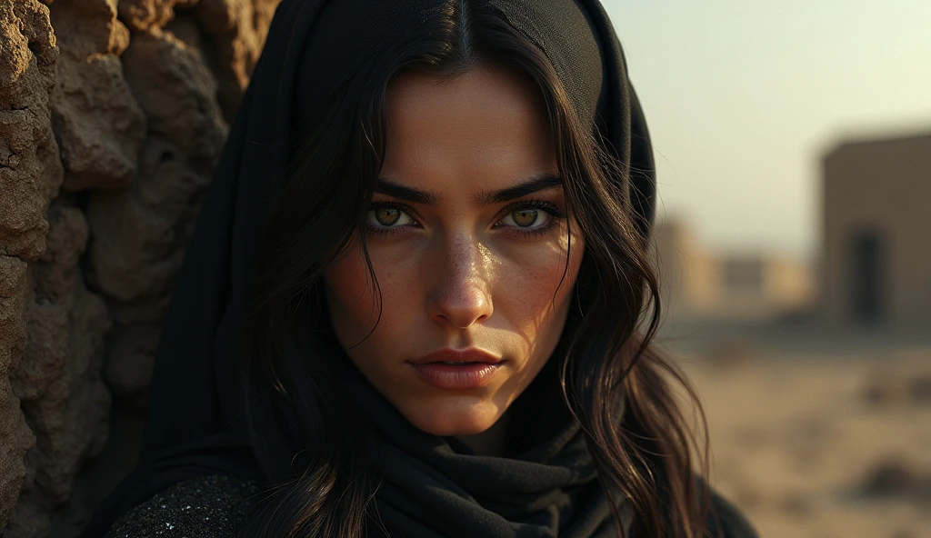 main image: Intense and realistic portrait of Cain's wife, with a deep and direct look at the camera, as if he were telling his personal story. Her expression must convey a mixture of mystery, pain and reflection, capturing the complexity of your experience.
Scenario: A dramatic and evocative backdrop that suggests exile and the challenges faced. It could be a barren desert or a ruined ancient city landscape., reflecting the idea of building and surviving in a new world.
Elementos visuais:
shadow and light: Use striking contrasts of light and shadow to create an atmosphere of tension and depth. The woman's face should be well lit, while the background remains darker, highlighting her figure.
Rupture Effect: Include a subtle cracking or distortion effect in the image to symbolize the curse and secrets surrounding your story.. This adds a visual element that suggests the complexity and challenges faced..