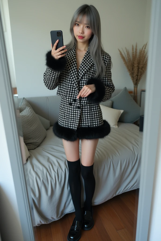 highly detailed, beautiful, hyper Realistic girl, masterpiece, best quality, Depict a mysterious and sophisticated beautiful Japanese gravure model,, 18-years-old, identity hidden, all body shot, / gray arranged hair, small head, Detailed face, cute and Pretty slim face, wide Duck mouth, perfect beautiful Tooth, arranged gray hair, shiny eyes, blue-colored eyes, Realistic skin, Detailed face, // sitting, model posing, / A fashion outfit featuring a black and white plaid set. The cropped jacket ends just above the waist, abs, revealing a slight amount of skin for a modern, chic look. The matching mini skirt has a black faux fur trim at the hem. The material appears to be thick wool or tweed, giving a classic and structured appearance. The outfit is paired with chunky black patent leather loafers and long black socks, creating a retro yet trendy style, all understated and refined to maintain the minimalist vibe. //// simple white single room, gray frame mirror, complicated background /// takes a selfie in her room using a smartphone in front of a mirror with one hand, standing and sexy Posing, all body below shot, focus shoes, looking away from the camera,