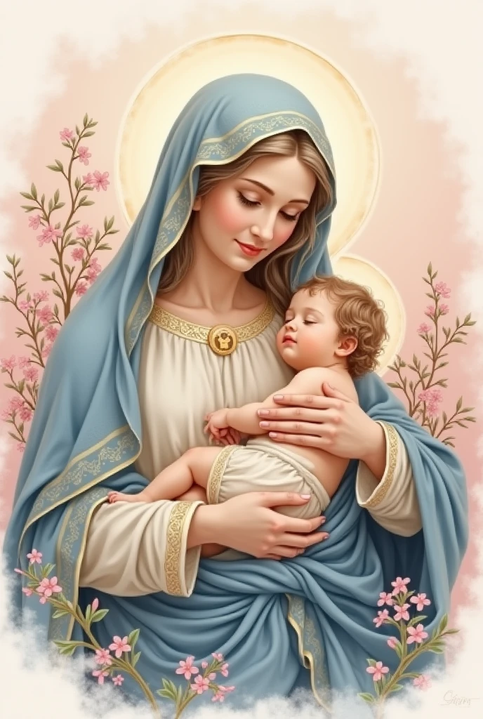 our lady holding jesus, in the delicate drawing style, with veil in shades of blue and background in shades of pink with flowers