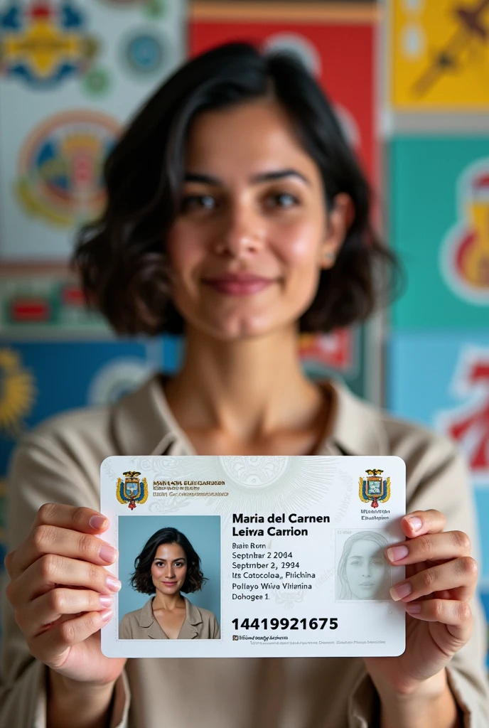 Current Ecuadorian ID card of 2024 for a woman with short hair, small eyes, small lips and small nose, Her name is Maria Del Carmen Leiva Carrion, Born on September 2, 1994 in Quito Cotocollao Pichincha with ID number 1741921675