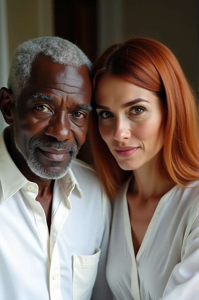 elderly man, africana, black skin color, dressed in white with a woman next to her with dark skin and straight copper-colored hair, dark shaped eyes, chin hole, M shaped mouth